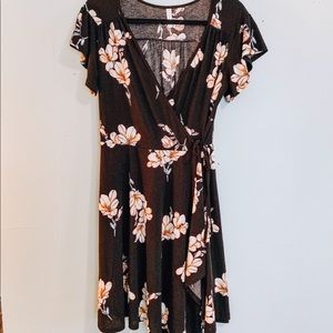 Black Floral Wrap Dress - Deep V Neckline
